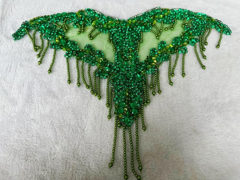 MOPISVN Handmade Crystal on lace Applique Sewing Rhinestones Fringe Beads Sequins Patches Trim Luxury Decoration Accessories for Wedding Dress 17X12.5inches (Light Green) - Image 4